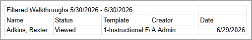 Filtered walkthroughs table showing details for Baxter Adkins on June 29, 2026.
